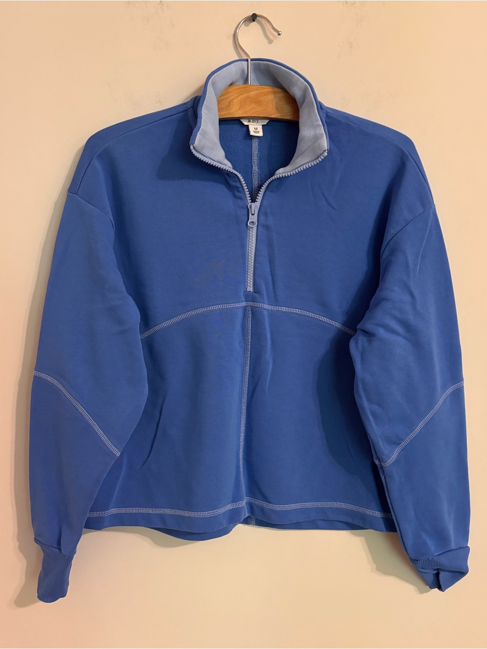 Crown & Ivy half-zip pullover blue with white contrast stitching